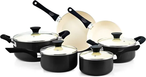 Cook N Home Juego de ollas y sartenes antiadherentes, juegos de utensilios de cocina de cerámica de 10 piezas, juego de cocina antiadherente con