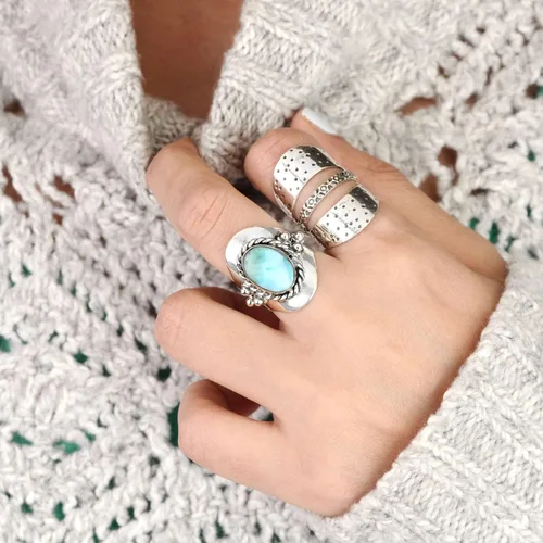 Miniatura 4 de Boho-Magic Anillo de plata de ley con larimar para mujer, joyería bohemia con piedras preciosas ovaladas