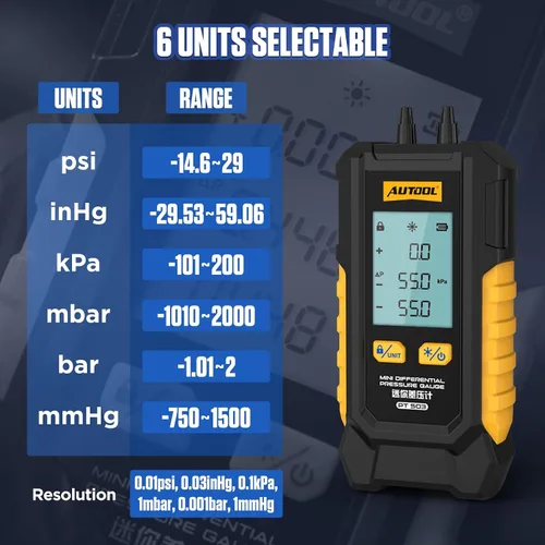 Miniatura 4 de AUTOOL Probador de Presión de Gas Manómetro, Manómetro Digital HVAC, Medidor de Presión de 6 Unidades Diferencial de Doble Puerto -101 a 200Kpa