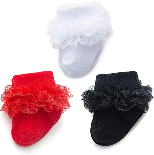 Miniatura 9 de Calcetines para bebé niña con ojales, calcetines de encaje triple con volantes, calcetines con puño retorcido, 2/3/5 pares, calcetines de tobillo