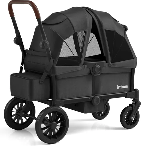 INFANS Cochecito Vagón para 2 niños, barra plegable ajustable con asa de empujar y tirar, cochecito vagón de 2 plazas con toldo extraíble y bandeja