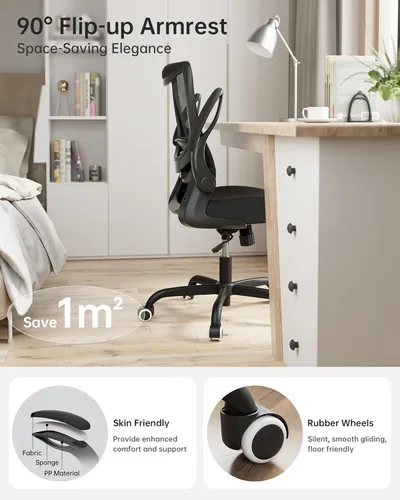 Miniatura 3 de MUXX.STIL Silla de oficina, silla de escritorio ergonómica con soporte lumbar ajustable y reposabrazos abatibles, silla de computadora de malla Negro