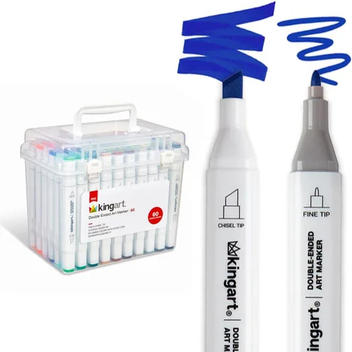 KINGART PRO - Marcadores de tinta con alcohol de doble punta, 60 colores, punta fina y puntas de cincel, permanentes con capacidad de mezcla