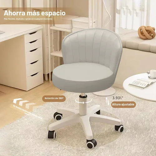 Miniatura 3 de Silla pequeña redonda de escritorio con ruedas, cómoda silla de tocador para computadora con respaldo bajo, piel sintética, altura ajustable, Gris