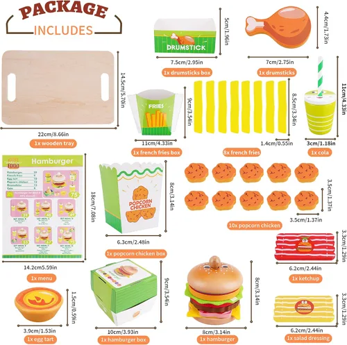Miniatura 2 de Montessori Toys - Juego de comida de juguete para niños de 3, 4 y 5 años, cocina de madera de juego de comida rápida con hamburguesas, papas fritas