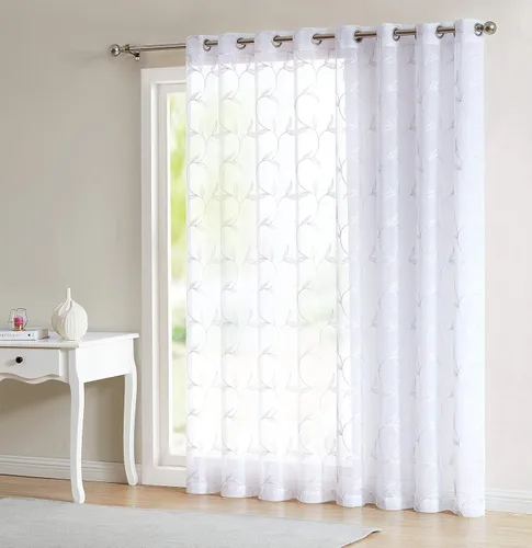 Miniatura 6 de LINENZONE Cortina de patio transparente blanca para puertas correderas con bordado de hojas de carbón gris. Extra ancha para patio, puertas