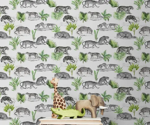 Patrón de papel tapiz de tigre y leopardo. Papel tapiz de selva para habitación de los niños, papel tapiz de safari para despegar y pegar, papel