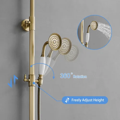 Miniatura 4 de Kit de ducha de latón antiguo para exteriores, ducha expuesta de 8 pulgadas, cabezal de ducha de lluvia de alta presión con rociador de mano