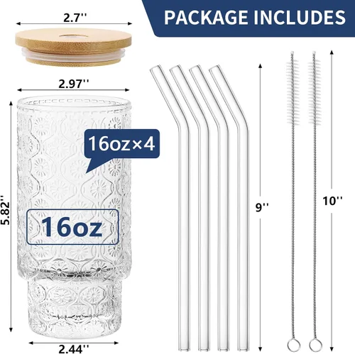 Miniatura 2 de Juego de 4 vasos de vidrio de 16 onzas, vasos de vidrio floral en relieve vintage, tazas de café helado con tapa, para whisky, cóctel, cerveza