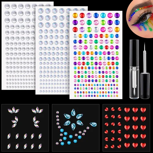 Miniatura 9 de Juego de 12 hojas de calcomanías para la cara, 2 con 7 colores, diamantes de imitación autoadhesivos de forma mixta, con pegamento de maquillaje