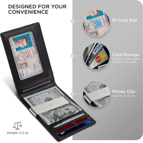 Miniatura 5 de SERMAN BRANDS Billetera con clip de dinero para hombre. Carteras delgadas con bolsillo frontal con bloqueo RFID para hombres, de cuero de grano