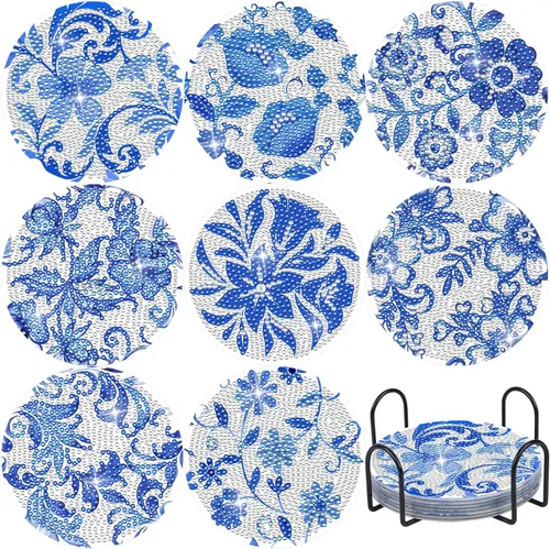 Juego de posavasos con diseño de diamantes de flores azules, posavasos de diamante acrílico 5D con base de corcho y soporte para adultos, 8 unidades