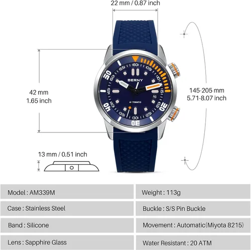 Miniatura 6 de BERNY Reloj de buceo para hombre, relojes mecánicos automáticos de moda para hombres, reloj de pulsera masculino impermeable 20AMT, reloj de pulsera