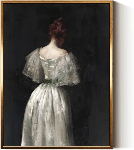 InSimSea Arte de Pared en Lienzo Vintage con Marco Dorado Dama del Siglo XVII en Vestido Blanco Tono Oscuro 12 x 16 pulgadas, Retrato Melancólico