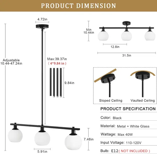Miniatura 6 de Iluminación de isla de cocina, 3 luces, lámparas colgantes lineales con pantallas de vidrio de leche, candelabros negros de granja para comedor