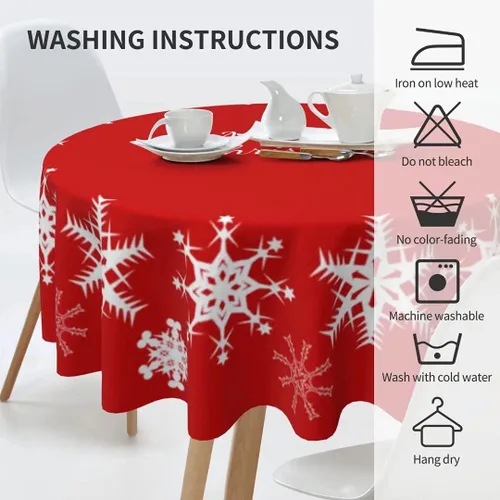 Miniatura 2 de Mantel redondo de Navidad con diseño de copos de nieve de Navidad para cocina, comedor, decoración de mesa de poliéster lavable para mesa de bufé