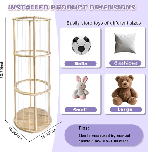 Miniatura 6 de Torre giratoria de almacenamiento de animales de peluche, organizador de juguetes de peluche de madera de 51 pulgadas de alto