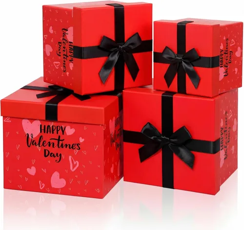 Miniatura 10 de Epakh 4 cajas anidables cuadradas decorativas con tapas, corazones negros y rojos, varios tamaños para aniversario, cumpleaños, boda, despedida