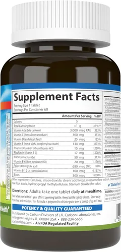 Miniatura 2 de Carlson - Super 1 Diario, Fórmula múltiple vegetariana, multivitamínico, bienestar óptimo, 60 tabletas