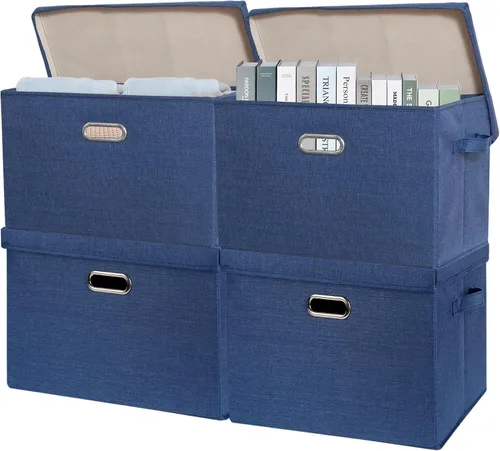 Miniatura 17 de SNWDN Paquete de 3 contenedores plegables de tela con tapas, caja de almacenamiento de tela con tapas para uso doméstico y de oficina