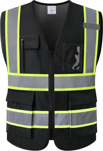 Chaleco de Seguridad Reflectante para Hombres y Mujeres con 5 Bolsillos y Cremallera Frontal Chaleco de Malla de Alta Visibilidad Chaleco de Trabajo
