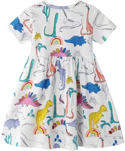 Miniatura 2 de Vestido acampanado para niñas pequeñas, lindo estampado de unicornio, arco iris, manga corta, casual, vestidos para niñas pequeñas para fiesta de 1