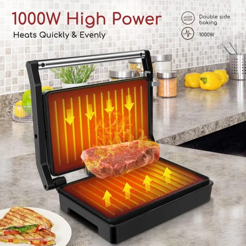 Miniatura 8 de Aigostar - Sandwichera Panini Press de 1000 W con placas revestidas antiadherentes, luz indicadora, tapa de bloqueo, mango de tacto fresco, parrilla