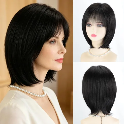 Miniatura 19 de RENERSHOW Pelucas rubias en capas para mujeres blancas con flequillo, peluca de pelo corto lacio, peluca sintética de color rubio degradado