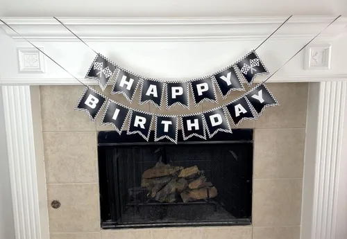Miniatura 5 de Decoraciones de fiesta de cumpleaños de coche de carreras, bandera de feliz cumpleaños a cuadros en blanco y negro, suministros de fiesta temática