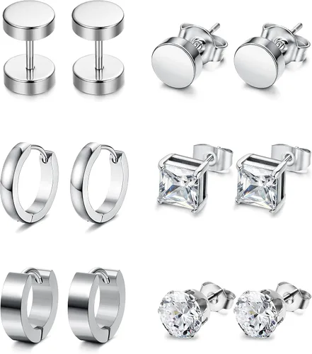 Jstyle 6 pares de aretes tipo dormilona de acero inoxidable con circonita cúbica para mujeres y hombres