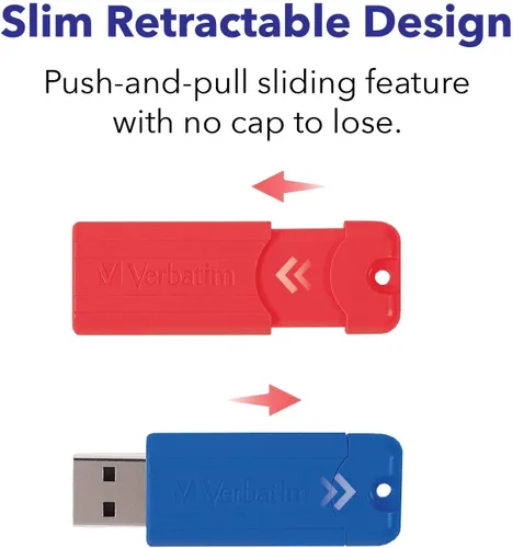 Miniatura 5 de Verbatim Unidad flash USB 3.0 retráctil de 16 GB a rayas, paquete de 5 unidades multicolor (verde, azul, rojo, morado, cian)