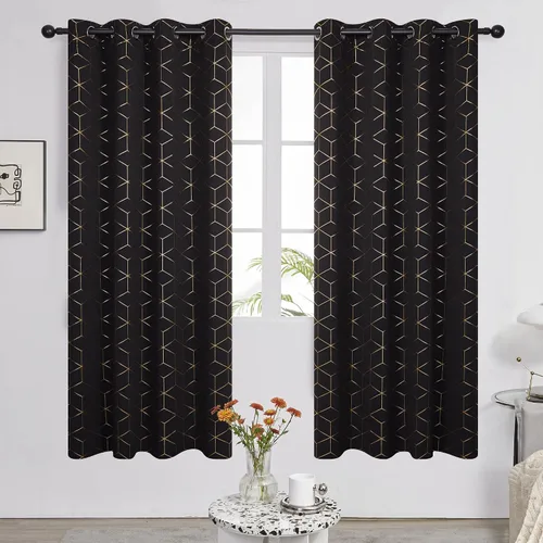 Miniatura 2 de Deconovo Cortinas opacas, aislamiento térmico y reducción de ruido, estampado de lámina de diamante – ojales en la parte superior, 2 paneles, Negro