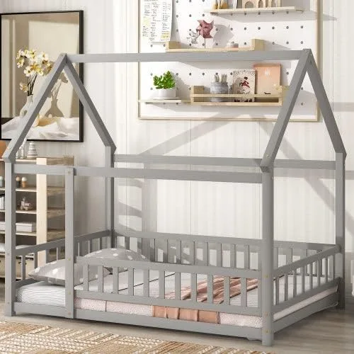 Miniatura 10 de Cama de suelo de tamaño individual con valla para niños pequeños, cama Montessori con techo de casa, marco de cama de piso de madera para niños