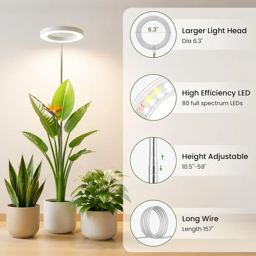Miniatura 6 de LBW Luces de cultivo para plantas de interior, luz de espectro completo de 6.3 pulgadas con base, lámpara de cultivo ajustable de altura de 59