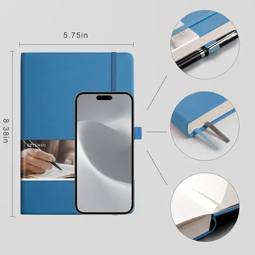 Miniatura 4 de EMSHOI - Cuaderno de puntos, 256 páginas A5, cuadrícula de puntos, papel punteado grueso de 120gsm, 16 páginas perforadas, tapa dura de piel azul