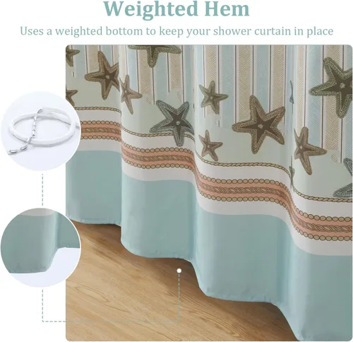 Miniatura 5 de Tremiti Aqua Ocean - Cortina de ducha de poliéster con estrellas de mar a rayas, impermeable, tela con estampado de mar, color verde, para baño, 72