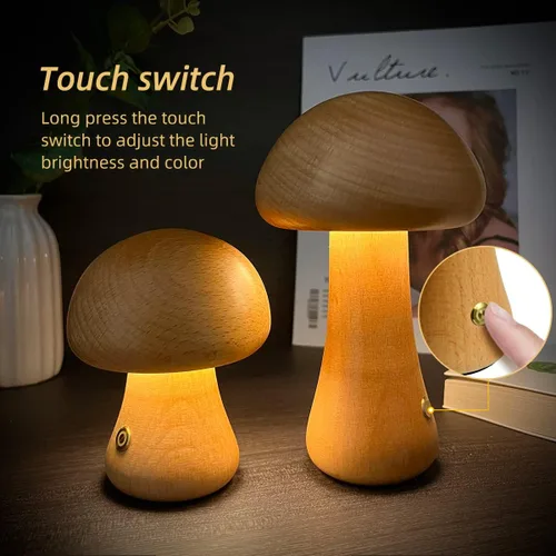 Miniatura 3 de Lámpara única pequeña de madera con forma de hongos, decoración de setas, lámpara de noche, lámpara de hongo recargable para decoración del hogar