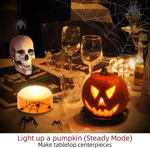 Miniatura 3 de 4 piezas de luces LED para calabaza de Halloween con temporizador y control remoto, luz naranja Jack-O-Linterna operada con pilas para decoración
