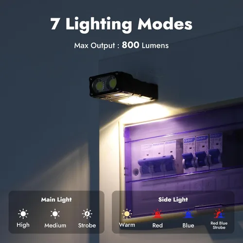 Miniatura 6 de WARSUN DC08 linterna LED recargable giratoria, luz de trabajo mini de 800 lúmenes, pequeña linterna EDC con clip para la espalda, linterna Negro