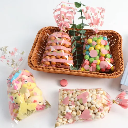 Miniatura 6 de COQOFA 100 bolsas de celofán de celofán de 5 x 11 pulgadas, bolsas de regalo de fiesta, bolsas de galletas de caramelo rosa, bolsas de plástico Oro