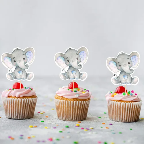 Miniatura 5 de 24 piezas de decoración de cupcakes de elefante azul para decoración de cupcakes con temática de elefante, baby shower, niños, niños o niñas