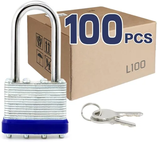 Miniatura 10 de LanuBe Candado laminado de 1-9/16 pulgadas (1.575 in) de largo grillete paquete de 2 llaves iguales, aro de plástico azul, cerraduras a granel