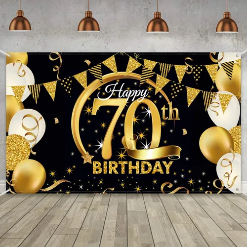 Miniatura 24 de Decoración de fiesta de cumpleaños número 15, cartel póster de tela extra grande negro y dorado para telón de fondo de cabina de fotos