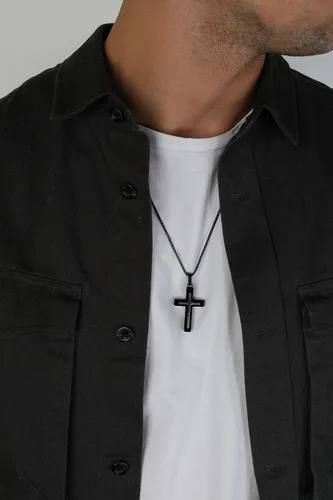 Miniatura 3 de Metro Jewelry Collar con colgante de cruz en capas para hombre en acero inoxidable con chapado en iones negros de 24 pulgadas cadena redonda