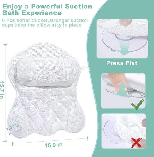 Almohada de baño para bañera, almohada de bañera, almohadas de baño para soporte de cuello y espalda, tela de malla 4D, fuerte succión impermeable,