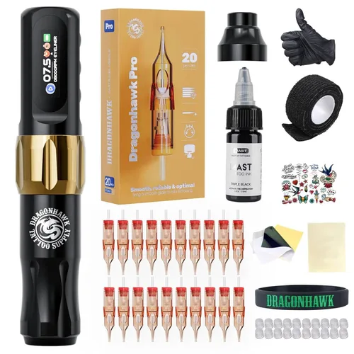 Miniatura 9 de Dragonhawk Pro Kit completo de bolígrafo de tatuaje, máquina ligera para tatuajes, 20 unidades, cartuchos, agujas, fuentes de alimentación para Kit