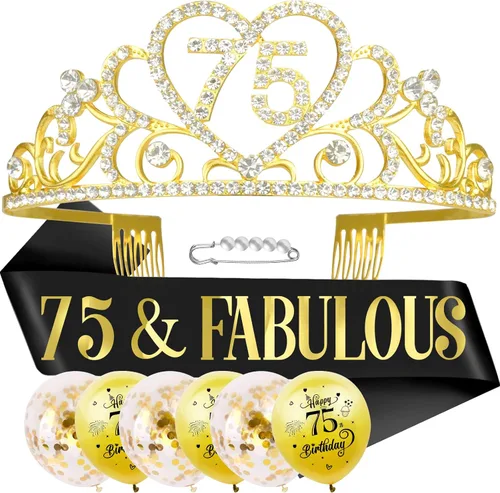 Kit de tiara y banda de cumpleaños número 75 – '75 y fabuloso' banda negra y corona de diamantes de imitación dorados para mujer 75 cumpleaños