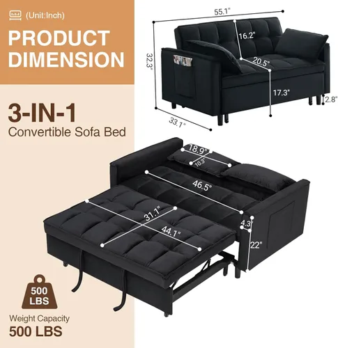 Miniatura 3 de CAPCAEK - Sofá cama convertible 3 en 1, sofá biplaza de terciopelo moderno con cama extraíble, sofá de salón pequeño con respaldo reclinable, negro