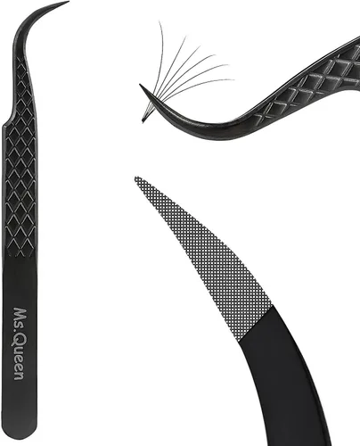 Miniatura 10 de Ms.Queen Pinzas para extensiones de pestañas, pinzas de fibra para volumen y extensiones de pestañas individuales, color negro