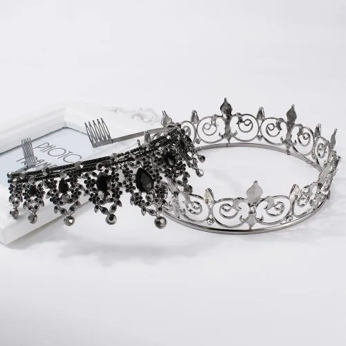 Miniatura 3 de AOPRIE King & Queen Artemis Tiara y corona para mujeres y hombres, cristal, aleación, diamantes de imitación, formal, temático, unisex, negro, boda
